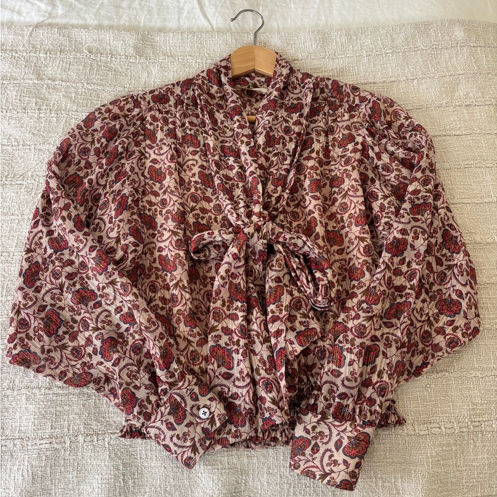 Floral Tie-Neck Blouse in Pink and Burgundy